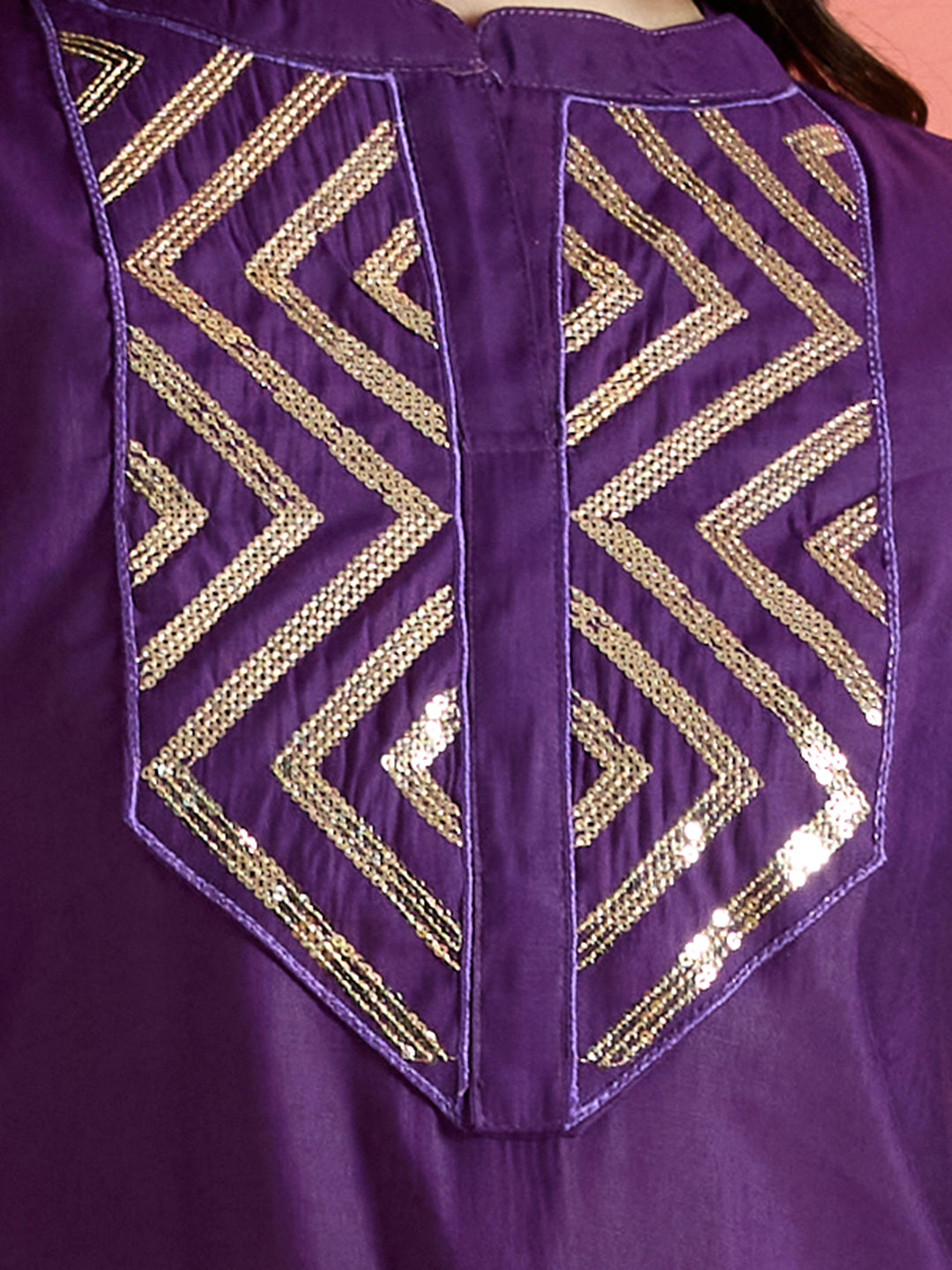 Solid Sequin Embroidered A-Line Co-ord Set - Purple