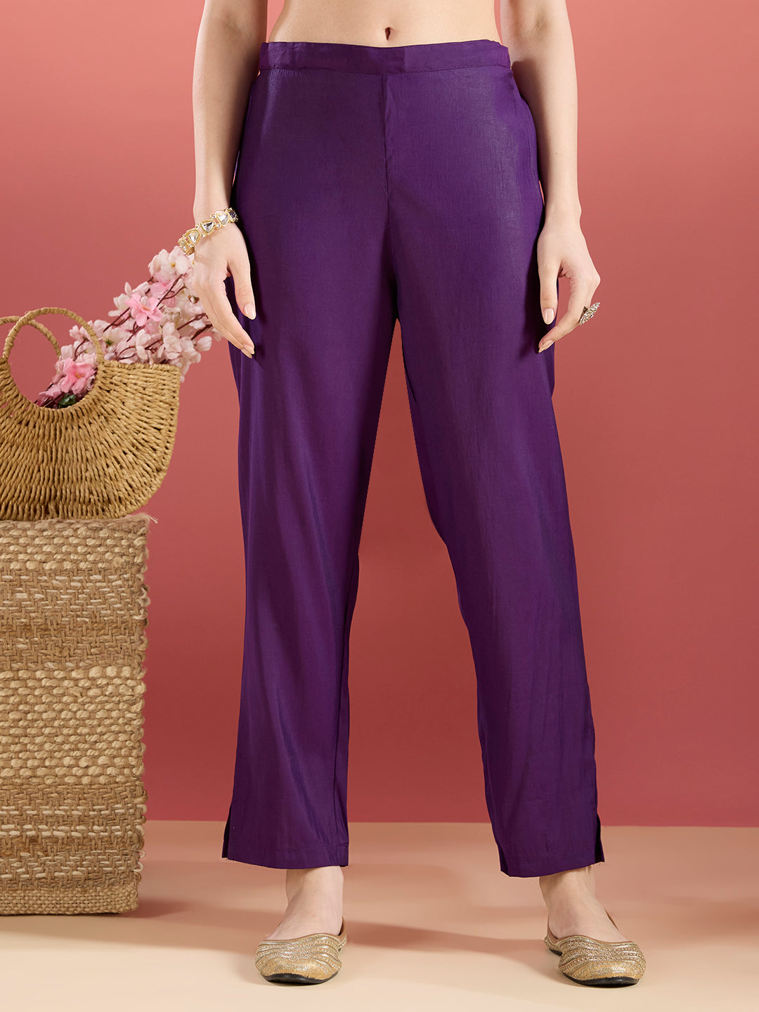 Solid Sequin Embroidered A-Line Co-ord Set - Purple