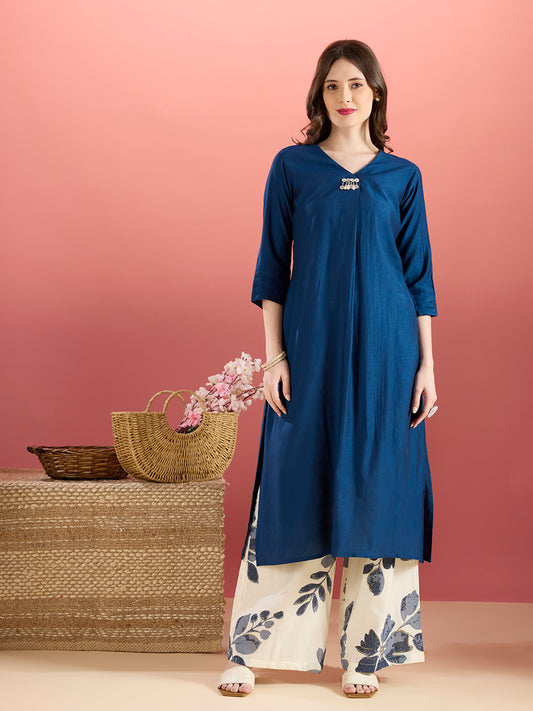 Solid A-Line Kurta with Floral Printed Palazzo - Navy Blue