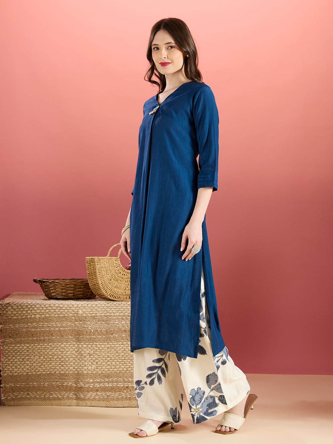 Solid A-Line Kurta with Floral Printed Palazzo - Navy Blue