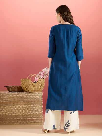 Solid A-Line Kurta with Floral Printed Palazzo - Navy Blue