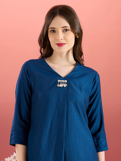 Solid A-Line Kurta with Floral Printed Palazzo - Navy Blue