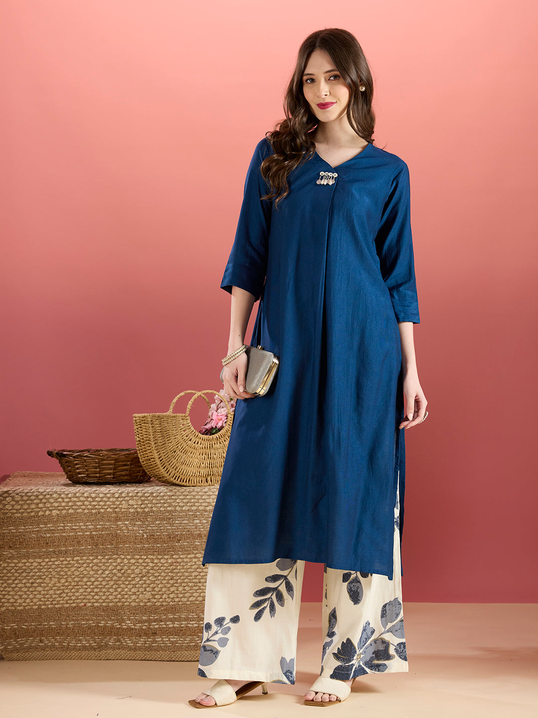 Solid A-Line Kurta with Floral Printed Palazzo - Navy Blue