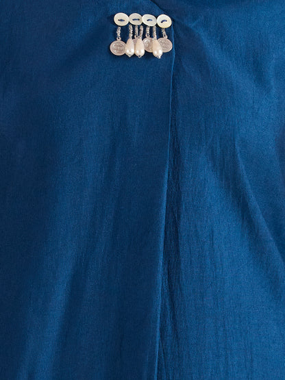 Solid A-Line Kurta with Floral Printed Palazzo - Navy Blue