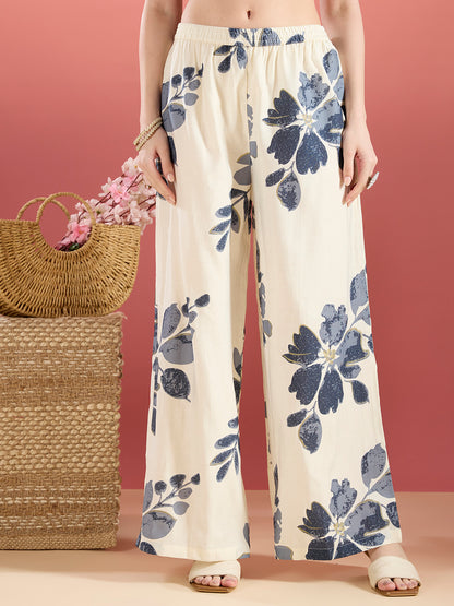 Solid A-Line Kurta with Floral Printed Palazzo - Navy Blue