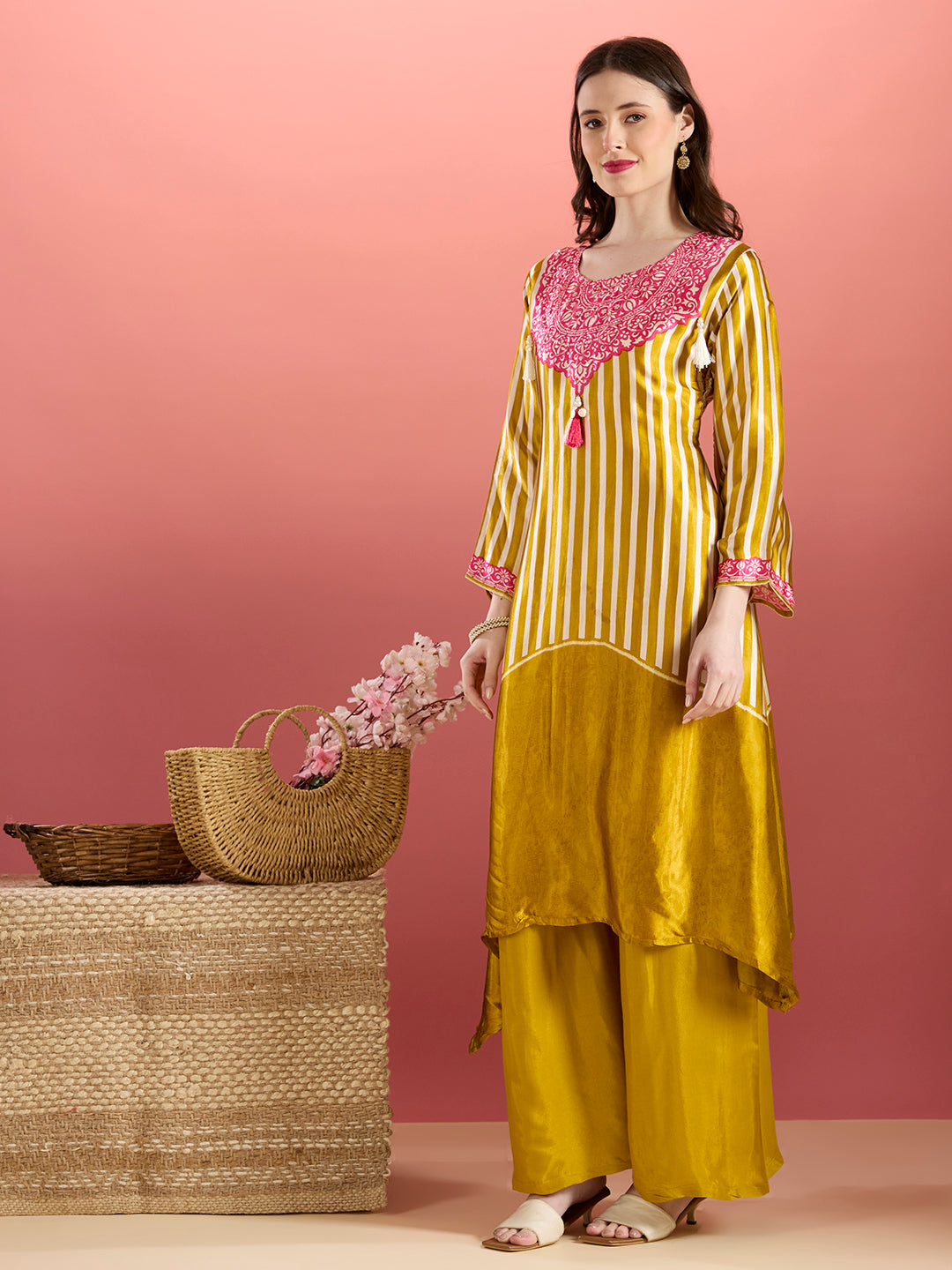 Ethnic Stripes Printed Embroidered A-Line Kurta with Flared Palazzo - Mustard