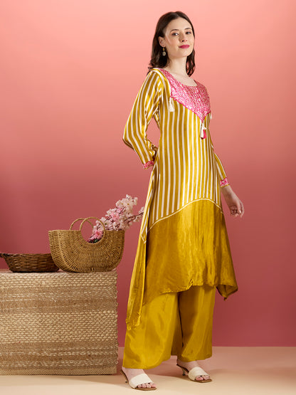 Ethnic Stripes Printed Embroidered A-Line Kurta with Flared Palazzo - Mustard