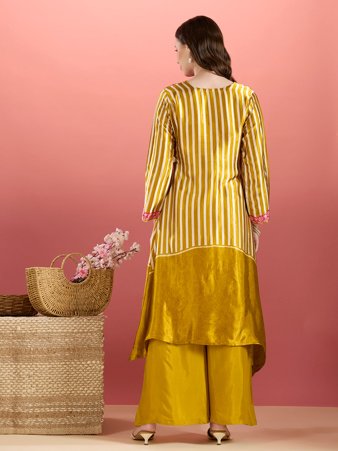 Ethnic Stripes Printed Embroidered A-Line Kurta with Flared Palazzo - Mustard