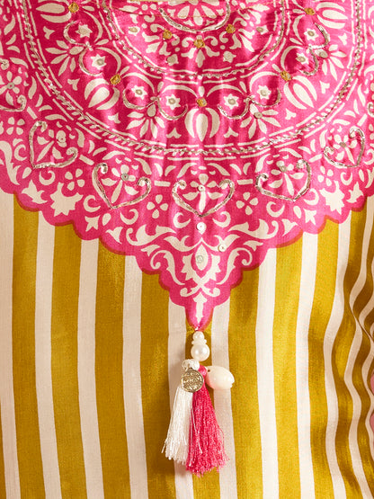 Ethnic Stripes Printed Embroidered A-Line Kurta with Flared Palazzo - Mustard