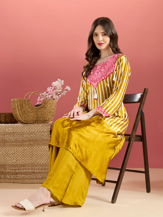Ethnic Stripes Printed Embroidered A-Line Kurta with Flared Palazzo - Mustard