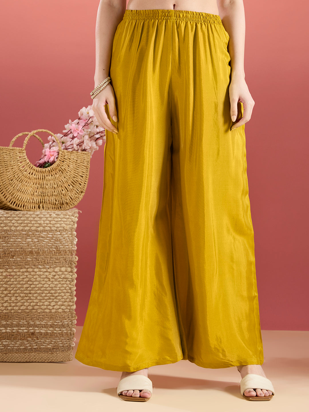 Ethnic Stripes Printed Embroidered A-Line Kurta with Flared Palazzo - Mustard