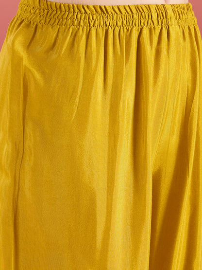 Ethnic Stripes Printed Embroidered A-Line Kurta with Flared Palazzo - Mustard