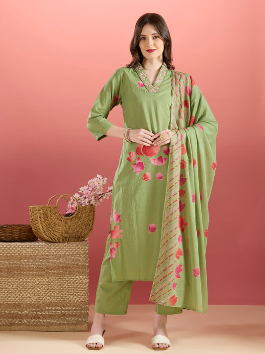 Ethnic Lotus Printed & Embroidered Straight Kurta with Pant & Dupatta - Green