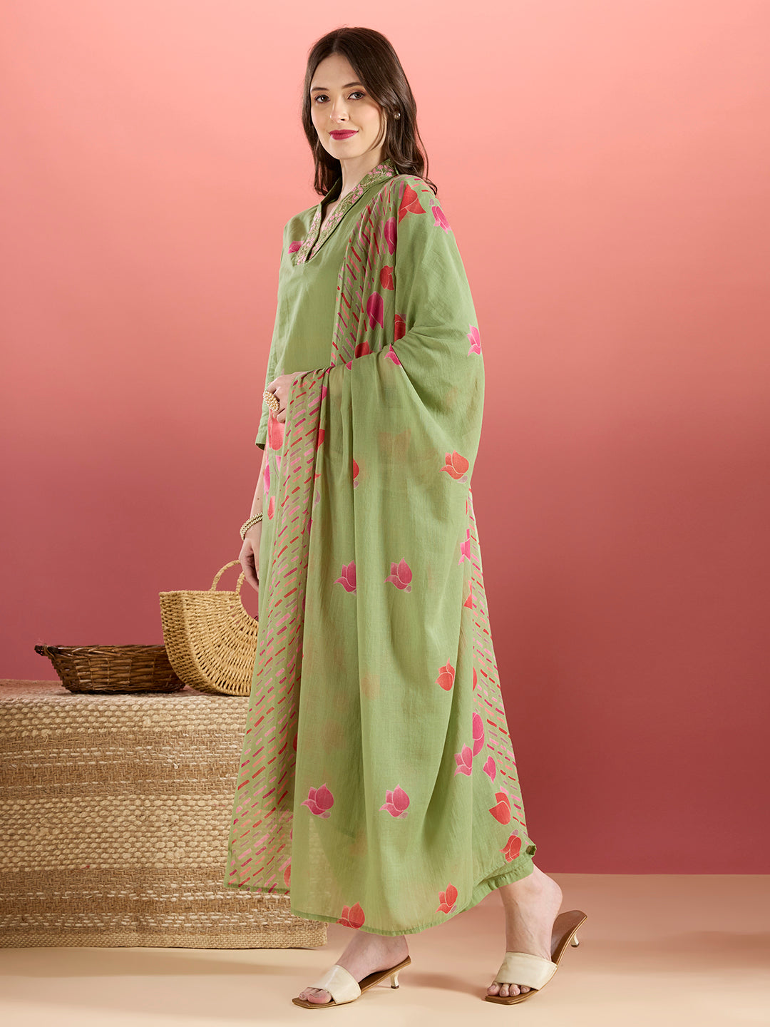 Ethnic Lotus Printed & Embroidered Straight Kurta with Pant & Dupatta - Green