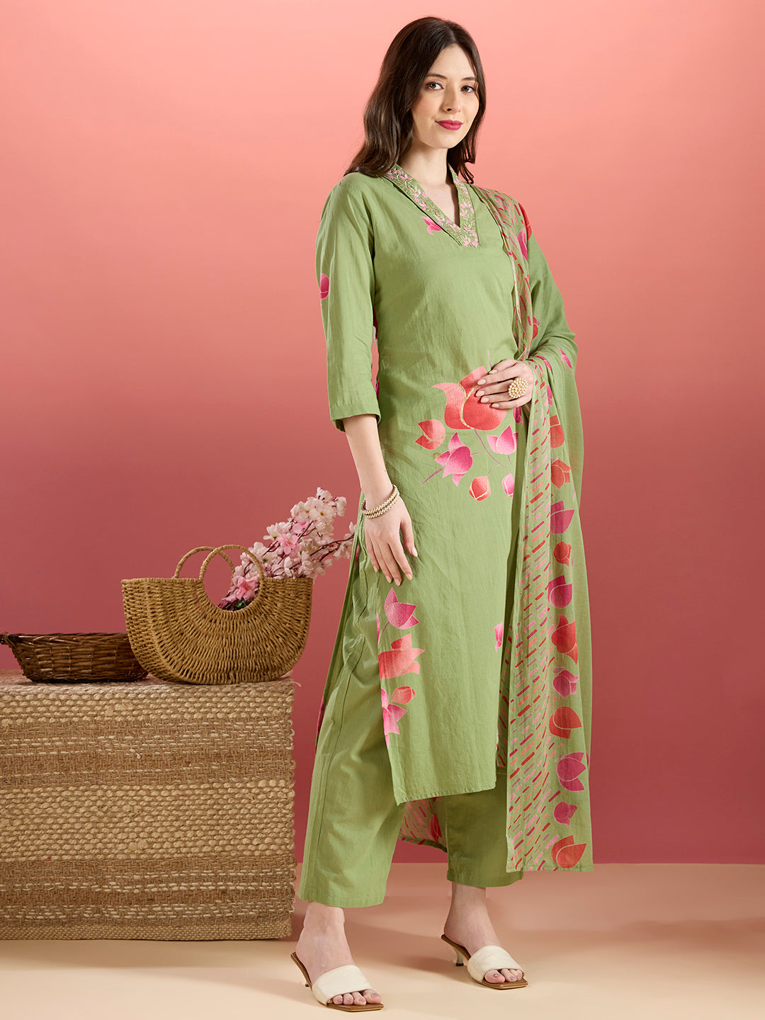 Ethnic Lotus Printed & Embroidered Straight Kurta with Pant & Dupatta - Green
