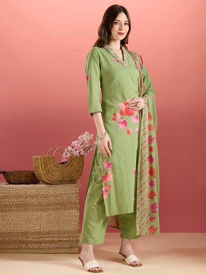 Ethnic Lotus Printed & Embroidered Straight Kurta with Pant & Dupatta - Green