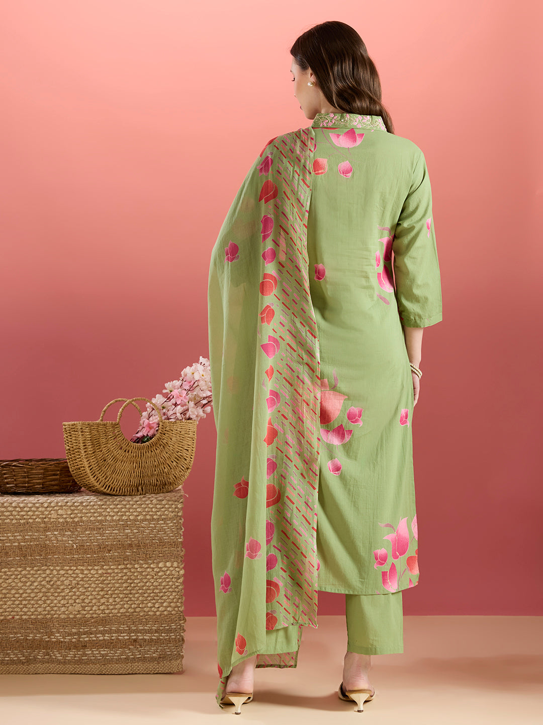 Ethnic Lotus Printed & Embroidered Straight Kurta with Pant & Dupatta - Green