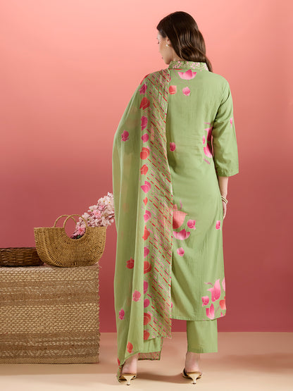 Ethnic Lotus Printed & Embroidered Straight Kurta with Pant & Dupatta - Green
