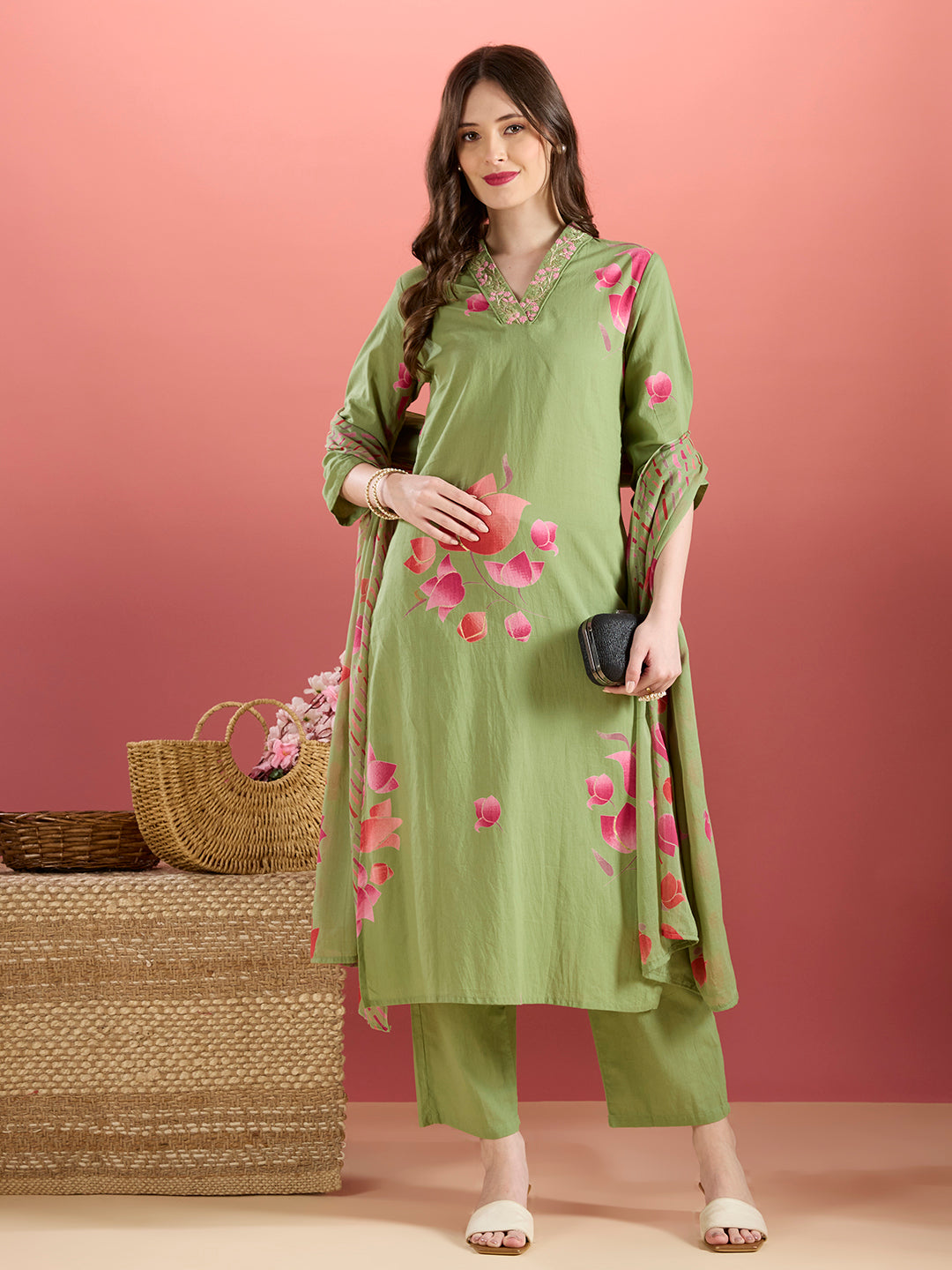 Ethnic Lotus Printed & Embroidered Straight Kurta with Pant & Dupatta - Green