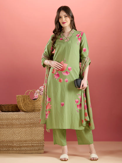 Ethnic Lotus Printed & Embroidered Straight Kurta with Pant & Dupatta - Green