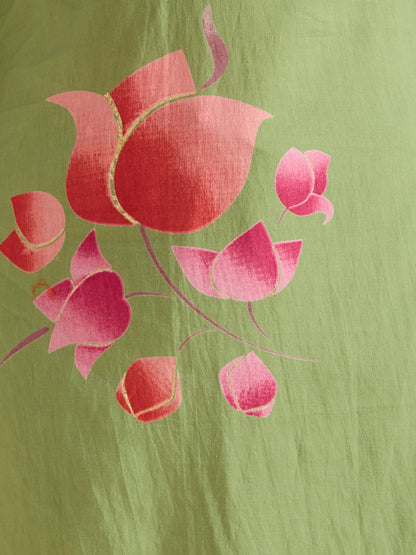 Ethnic Lotus Printed & Embroidered Straight Kurta with Pant & Dupatta - Green