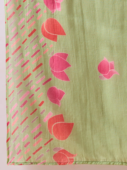 Ethnic Lotus Printed & Embroidered Straight Kurta with Pant & Dupatta - Green