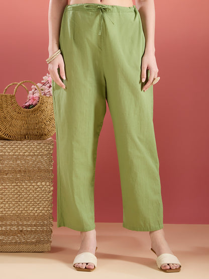 Ethnic Lotus Printed & Embroidered Straight Kurta with Pant & Dupatta - Green