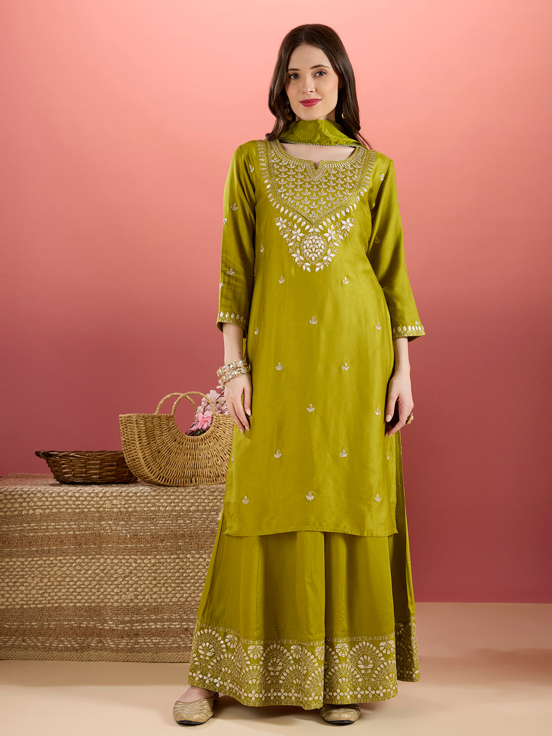 Solid Ethnic Embroidered Kurta with Flared Palazzo & Dupatta - Lime Green