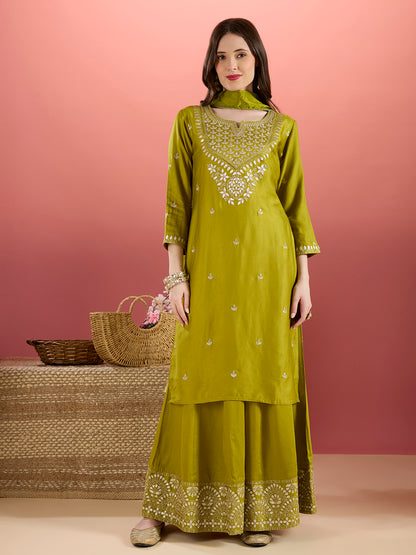 Solid Ethnic Embroidered Kurta with Flared Palazzo & Dupatta - Lime Green