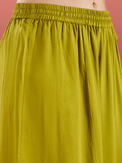Solid Ethnic Embroidered Kurta with Flared Palazzo & Dupatta - Lime Green
