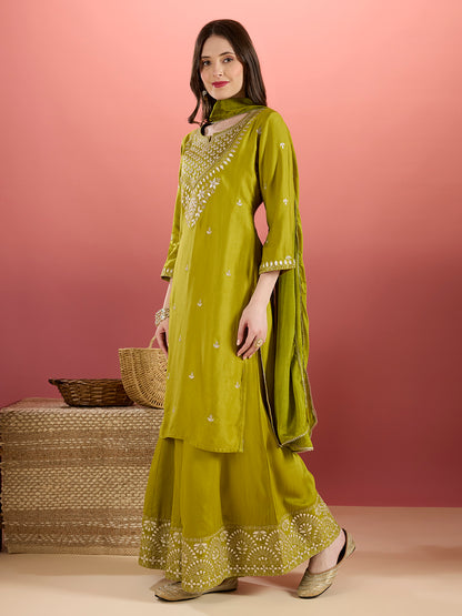 Solid Ethnic Embroidered Kurta with Flared Palazzo & Dupatta - Lime Green