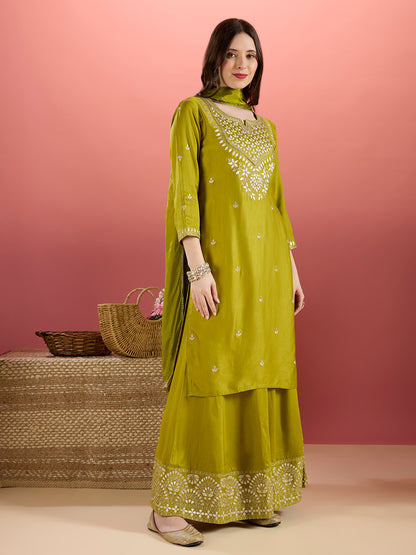 Solid Ethnic Embroidered Kurta with Flared Palazzo & Dupatta - Lime Green