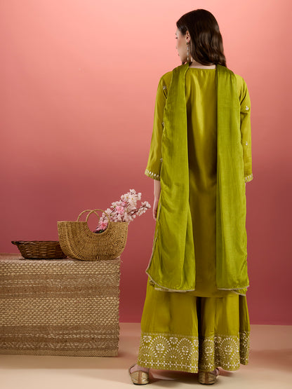 Solid Ethnic Embroidered Kurta with Flared Palazzo & Dupatta - Lime Green