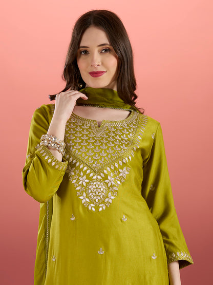 Solid Ethnic Embroidered Kurta with Flared Palazzo & Dupatta - Lime Green