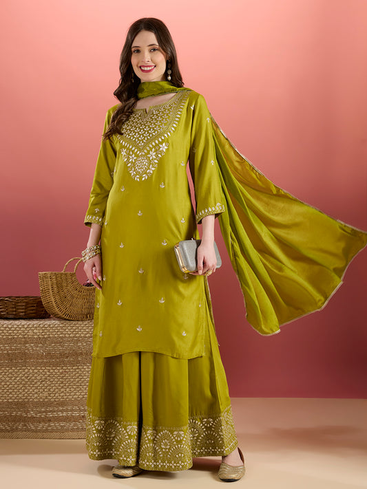 Solid Ethnic Embroidered Kurta with Flared Palazzo & Dupatta - Lime Green