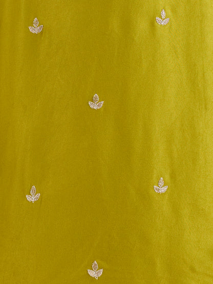 Solid Ethnic Embroidered Kurta with Flared Palazzo & Dupatta - Lime Green