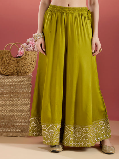 Solid Ethnic Embroidered Kurta with Flared Palazzo & Dupatta - Lime Green