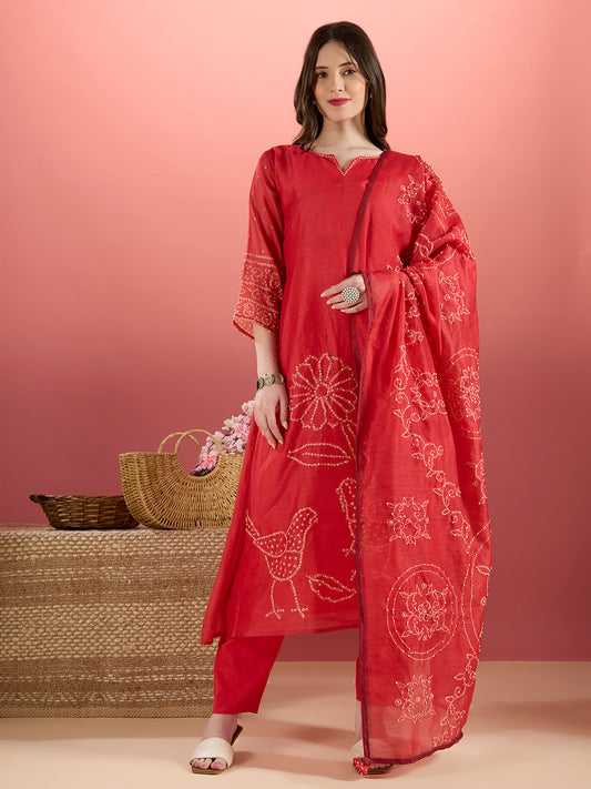 Bird Hand Embroidered A-Line Kurta with Pant & Dupatta - Red