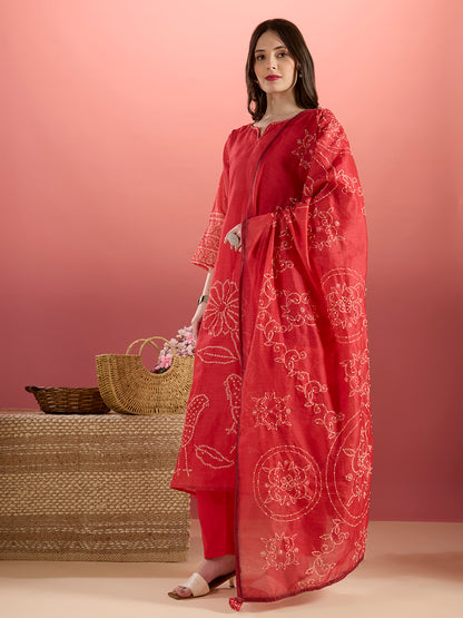 Bird Hand Embroidered A-Line Kurta with Pant & Dupatta - Red