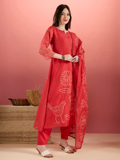 Bird Hand Embroidered A-Line Kurta with Pant & Dupatta - Red