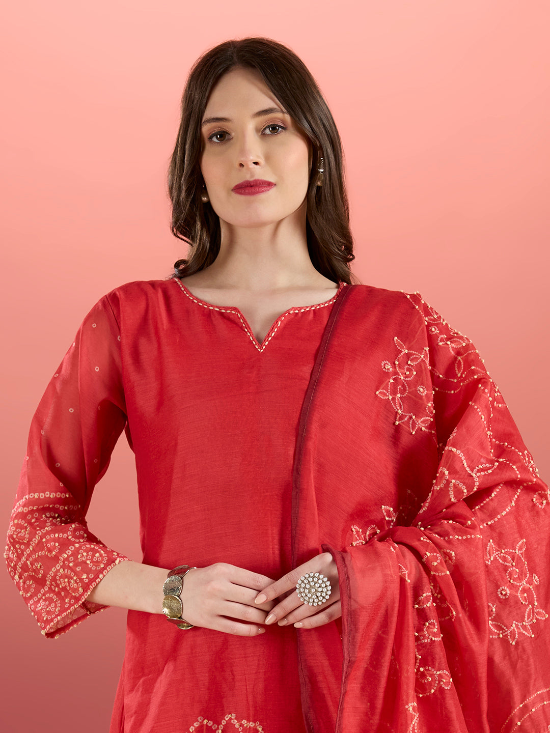 Bird Hand Embroidered A-Line Kurta with Pant & Dupatta - Red