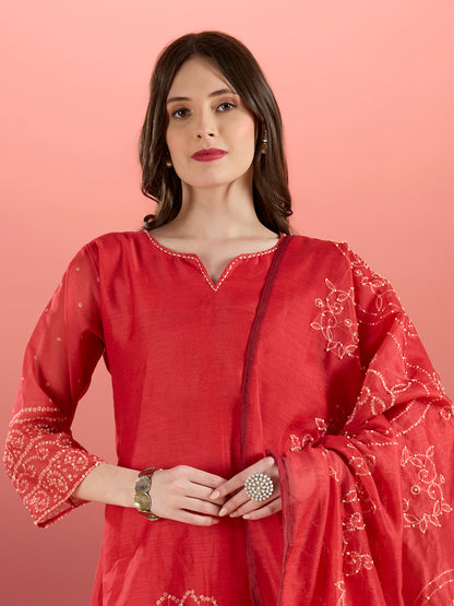 Bird Hand Embroidered A-Line Kurta with Pant & Dupatta - Red