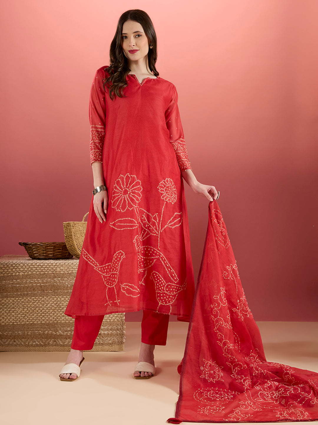 Bird Hand Embroidered A-Line Kurta with Pant & Dupatta - Red