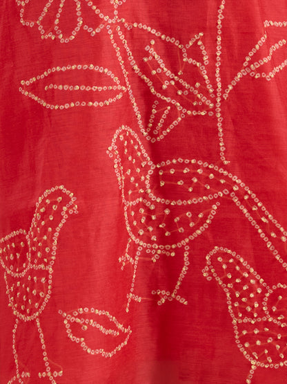 Bird Hand Embroidered A-Line Kurta with Pant & Dupatta - Red