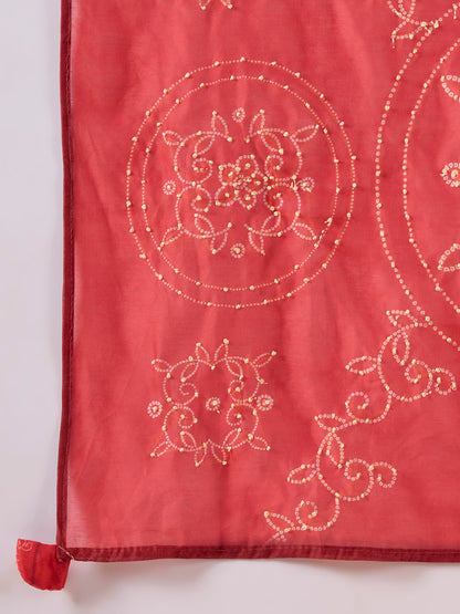Bird Hand Embroidered A-Line Kurta with Pant & Dupatta - Red