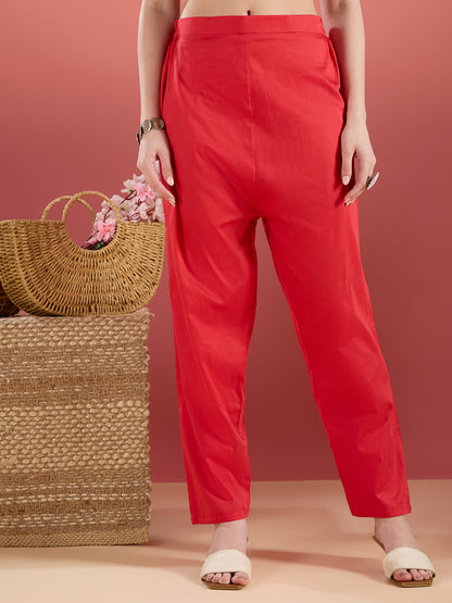 Bird Hand Embroidered A-Line Kurta with Pant & Dupatta - Red