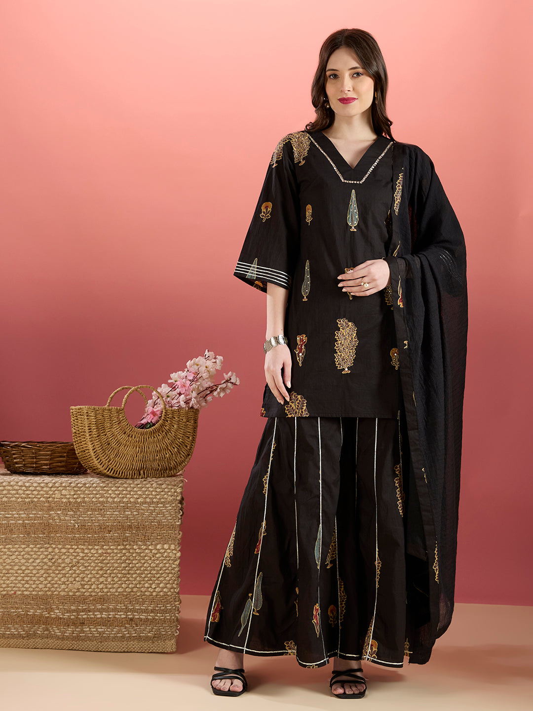 Ethnic Embroidered Printed Straight Kurta with Sharara and Dupatta - Black