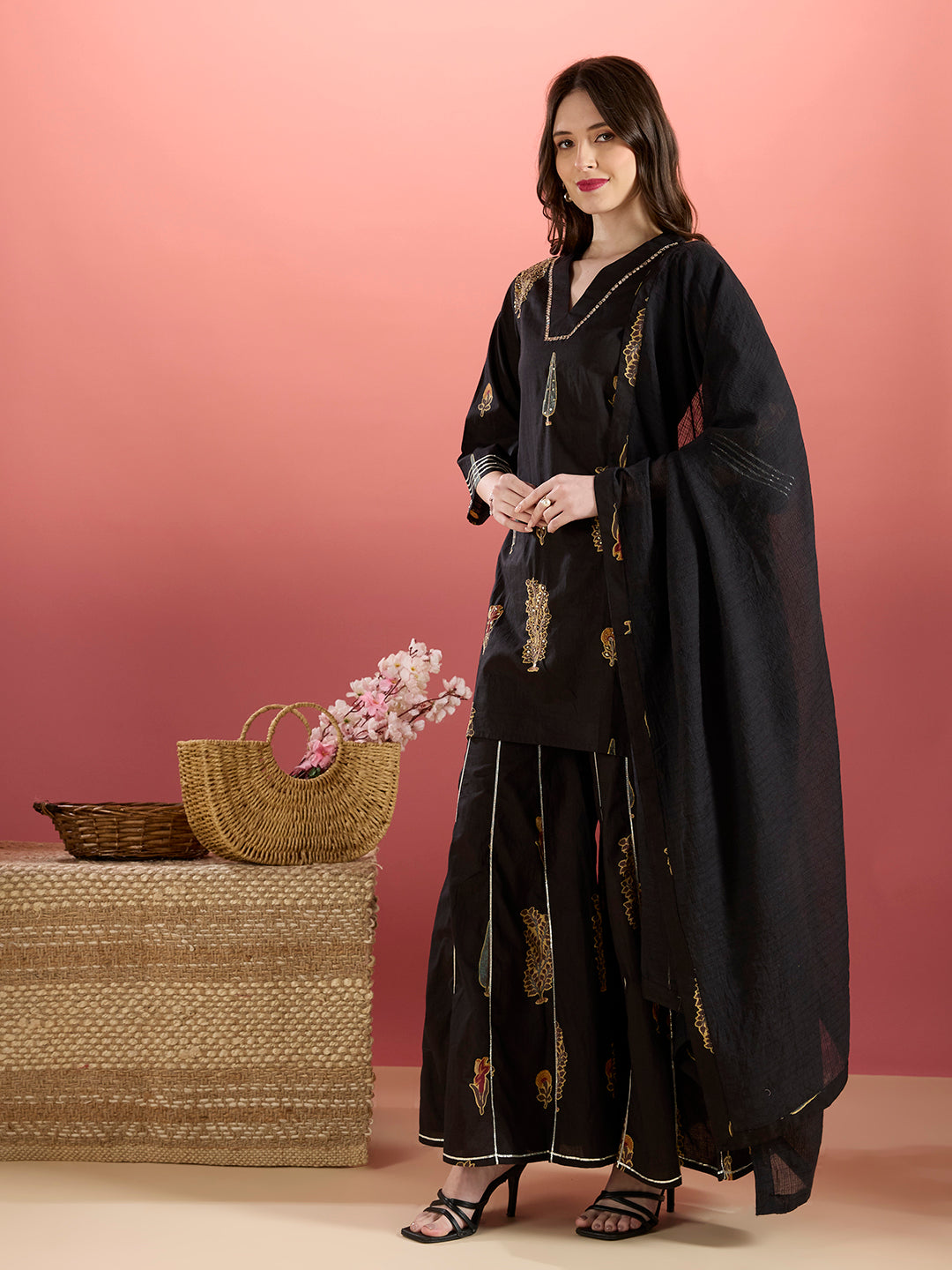 Ethnic Embroidered Printed Straight Kurta with Sharara and Dupatta - Black