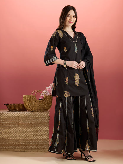 Ethnic Embroidered Printed Straight Kurta with Sharara and Dupatta - Black
