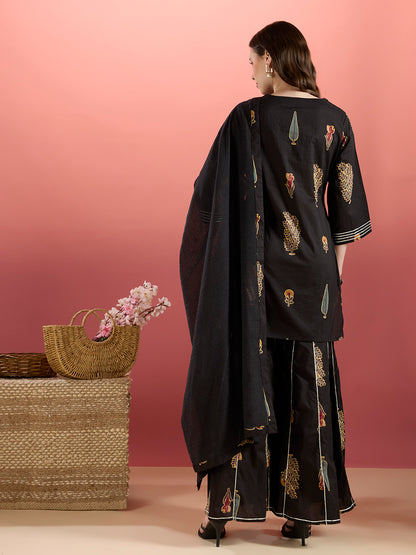 Ethnic Embroidered Printed Straight Kurta with Sharara and Dupatta - Black